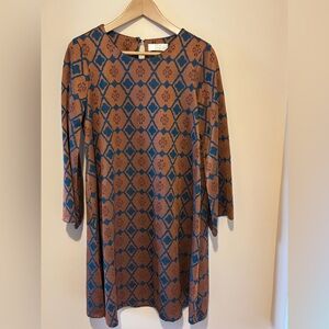Long Sleeve Geometric Shift Dress in Brown and Blue
